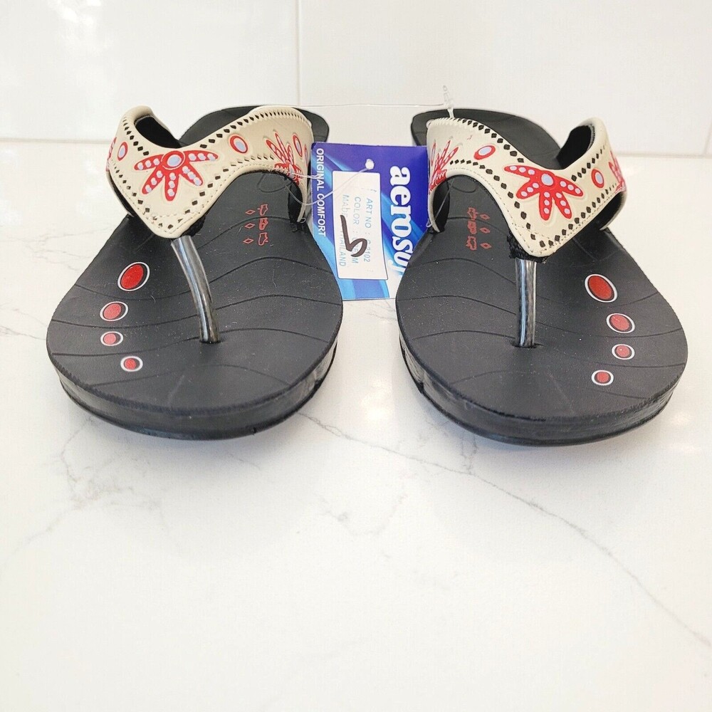 NEW Aerosoft Womens Sz 9 Sandals Flip Flop Thong Red Flowers EU 40 Arch Support - Picture 4 of 11